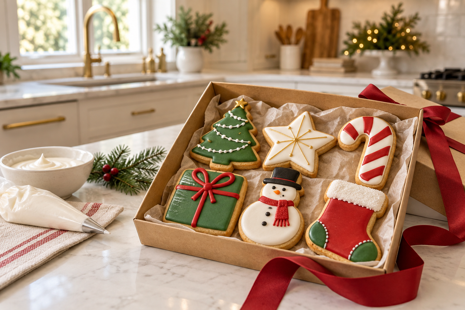 Caixa com biscoitos de árvore, estrela, bengala, presente, boneco de neve e meia em uma cozinha clara
